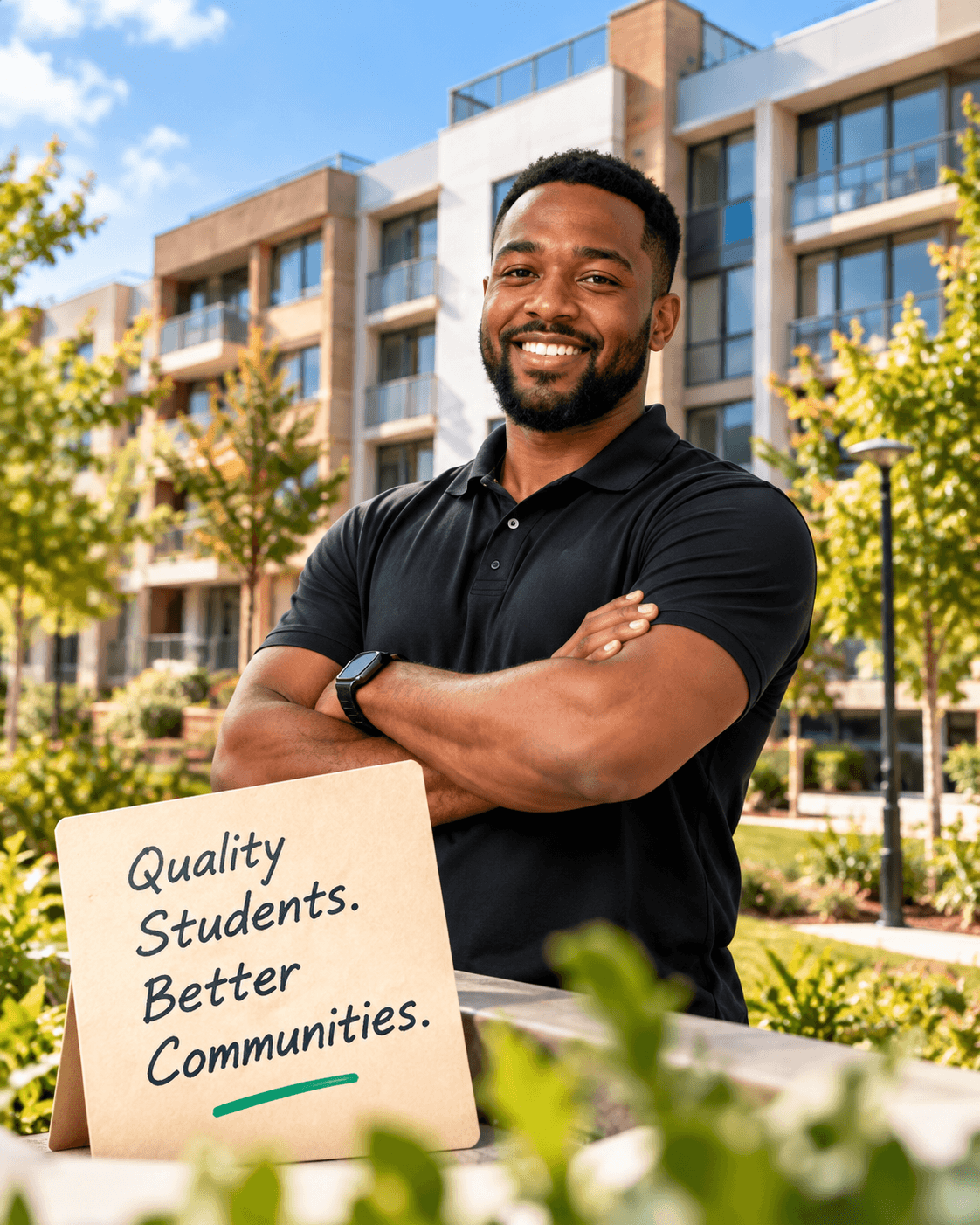 Property owner outside modern student accommodation
