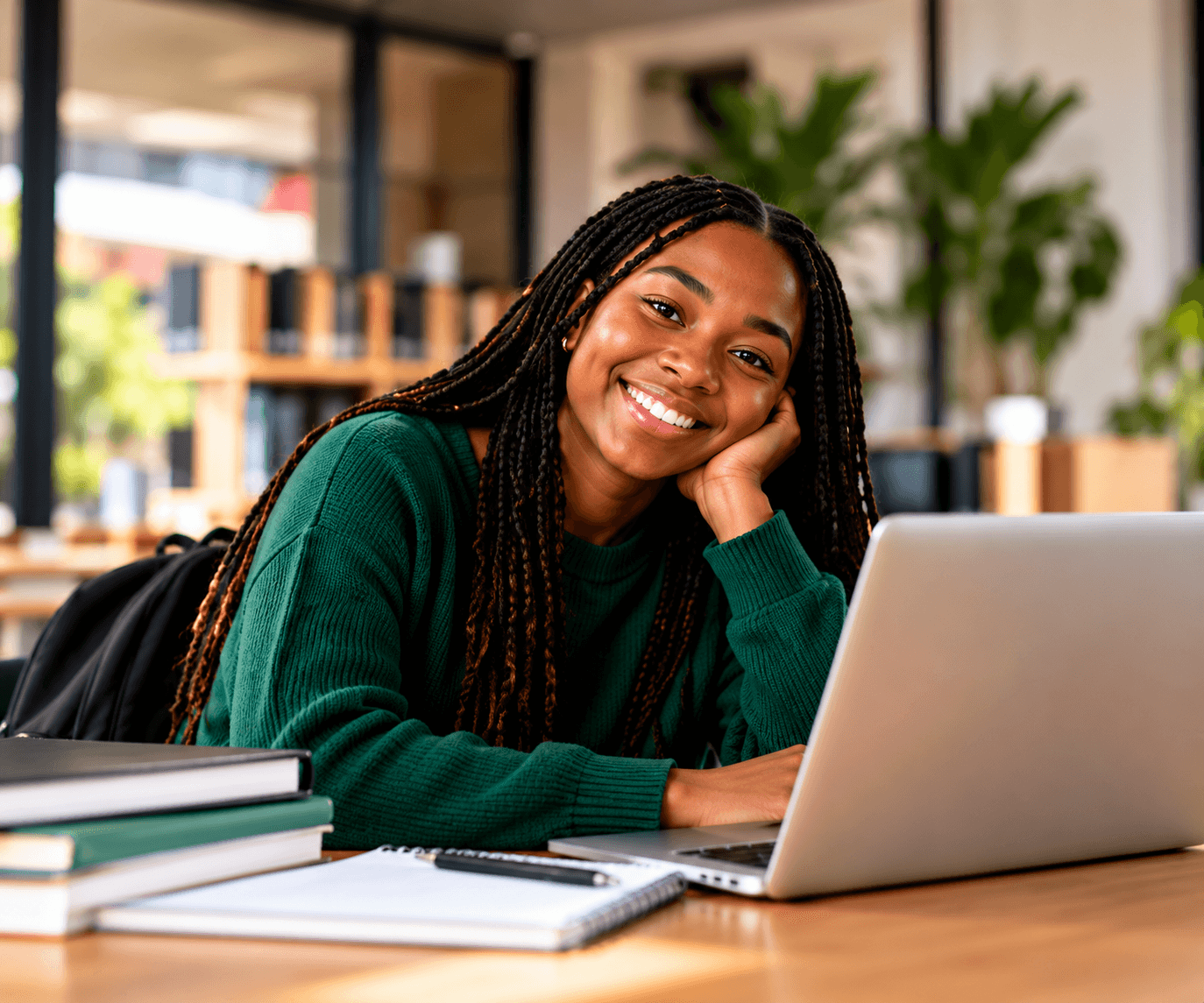 Student studying with her laptop in a welcoming study space